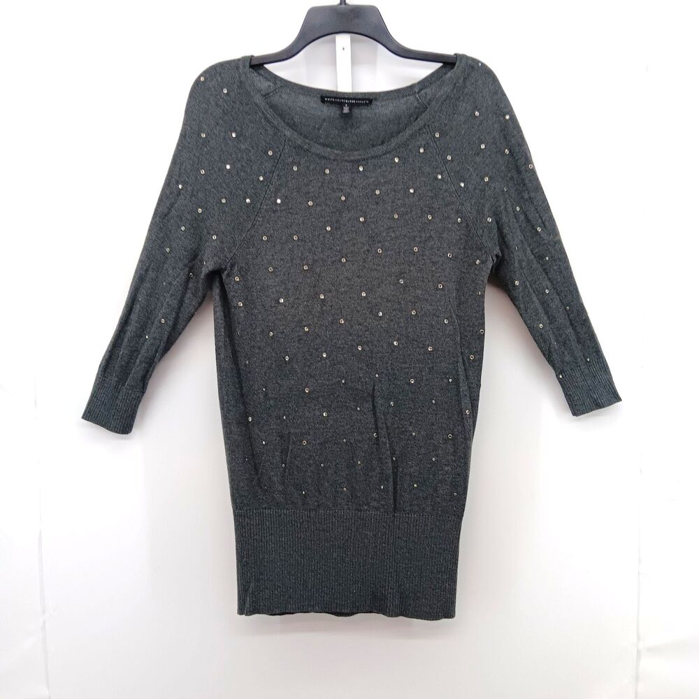 White House Black Market Sweater Womens Small Gray 3/4 Sleeve Ribbed Beaded Top